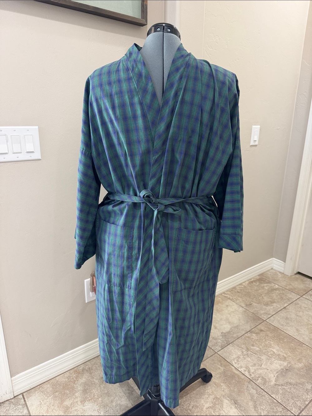 LLBean Blue-Green Plaid Cotton Robe with Belt